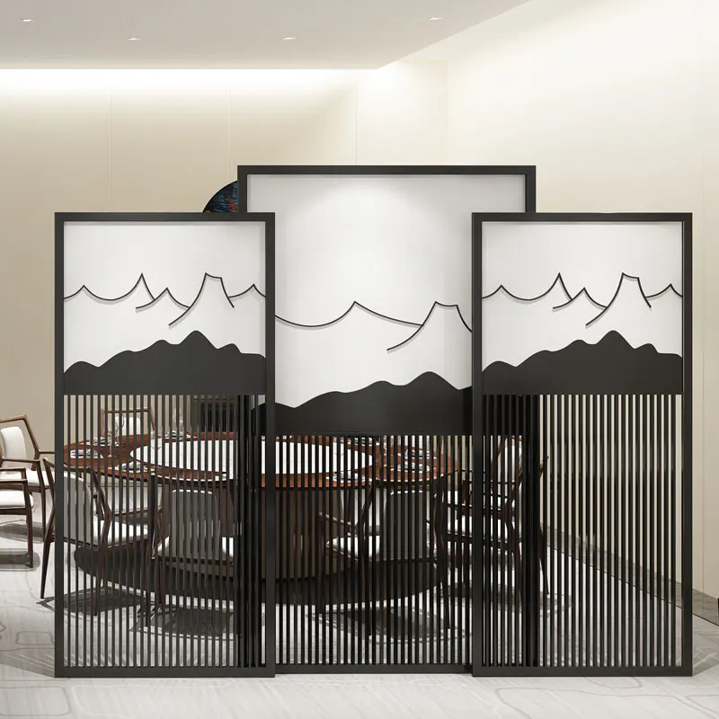 

New Chinese Restaurant Black Iron Screen Narrow Edge Stainless Steel Partition Living Room Entrance Design Hotel Wooden White