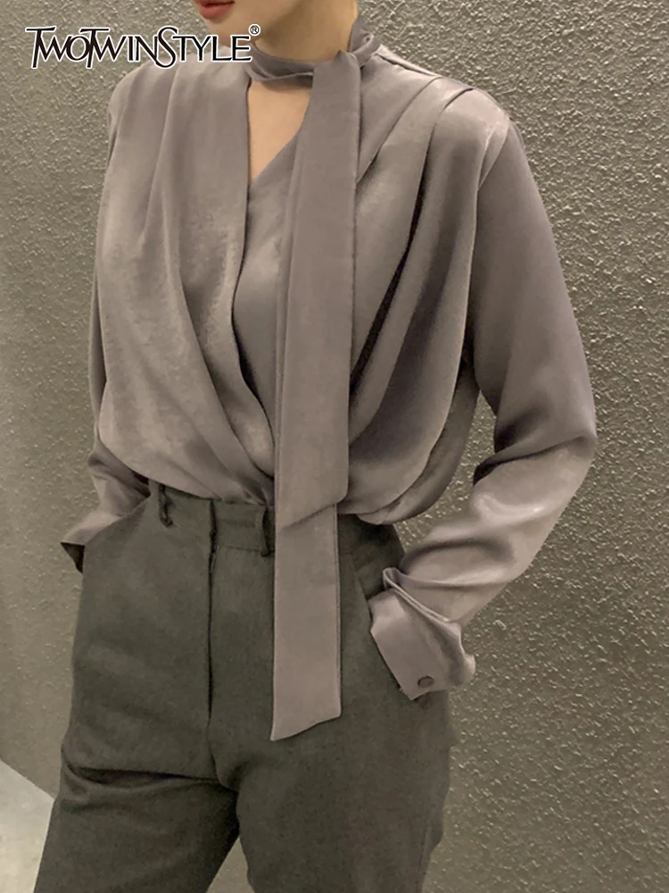 

TWOTWINSTYLE High Street Solid Blouses For Women Halter Loose Long Sleeve Plain Shirts Female 2022 Spring New Fashion 2022 Style