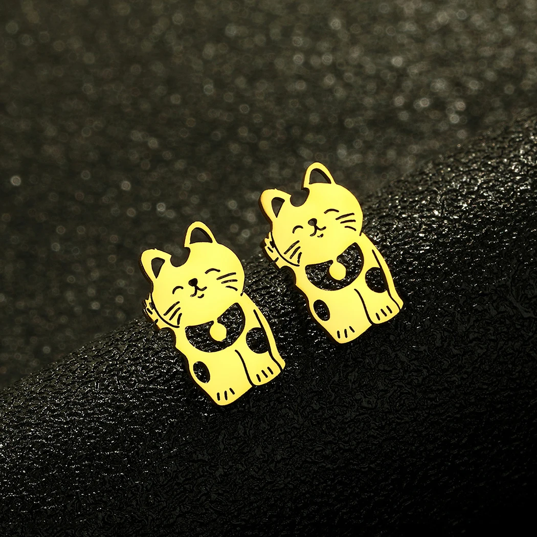 Простые Модные серьги-гвоздики Cxwind с лазерной гравировкой и котом на удачу из