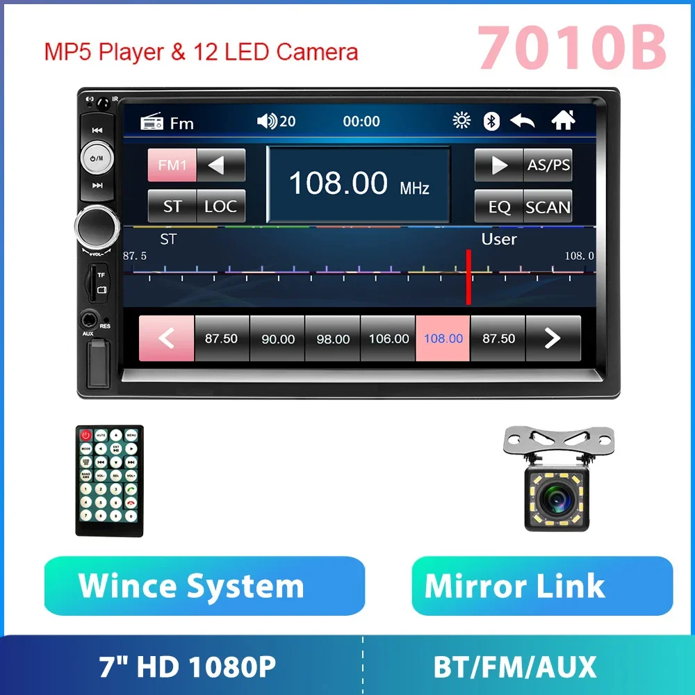 

Автомагнитола Podofo 2 din HD-экран 7", автомобильное радио, автомагнитола с сенсорным экраном, медиаплеер MP5, Bluetooth USB TF FM, камера