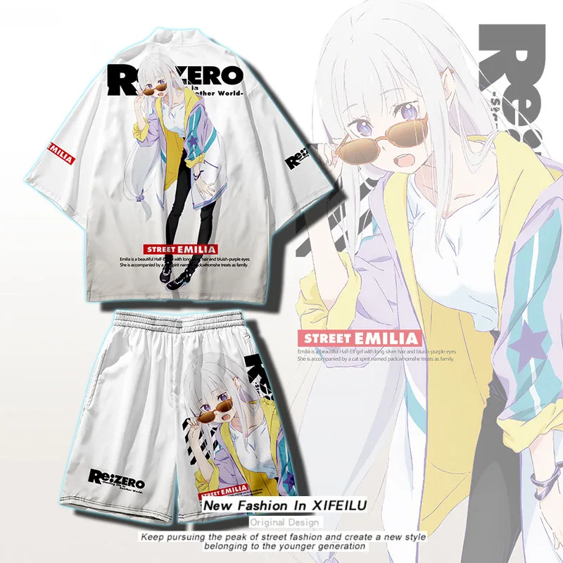 

Anime Re:Life in a different world from zero Emilia Hooded T-Shirt Shorts Cosplay Summer Unisex Loose Haori Shorts Tops