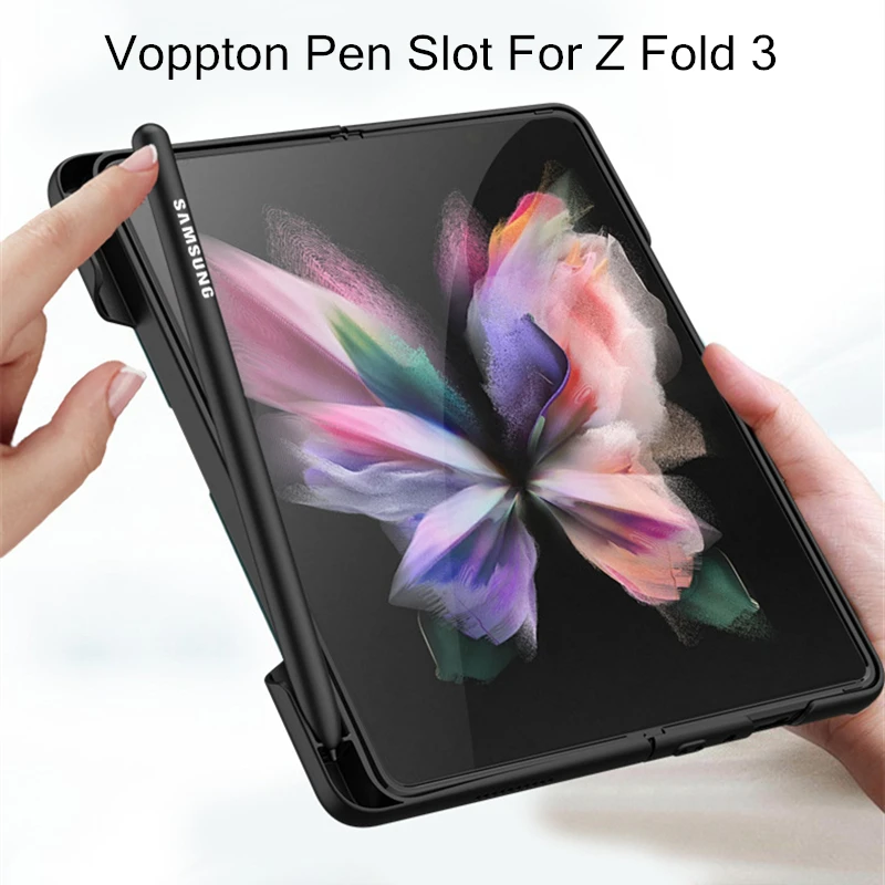 magnetic kickstand pen holder slot case for samsung galaxy z fold 3 case with mobile phone stylus pen matte hard pc cover free global shipping