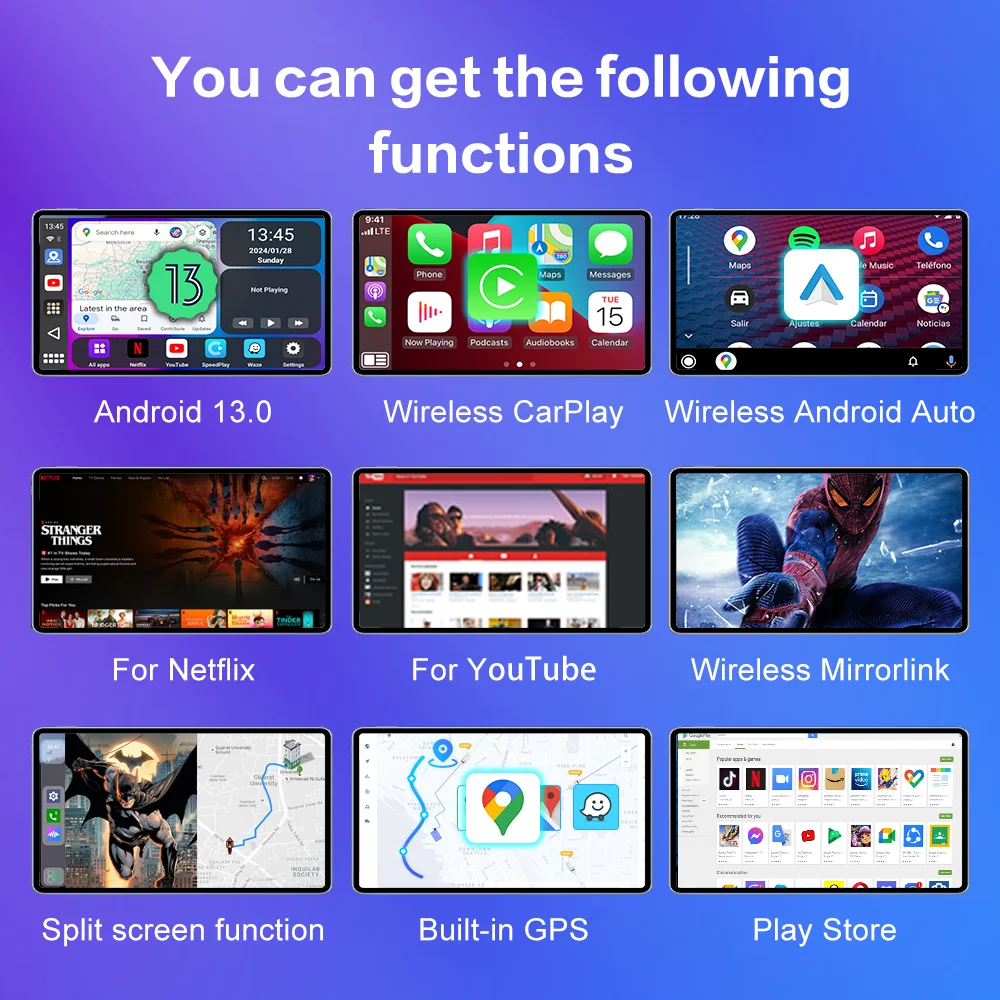 UPOSBOS Carplay Ai Box Android 13 окружающая стандартная беспроводная Автомобильная QCM6225 8 ГБ +