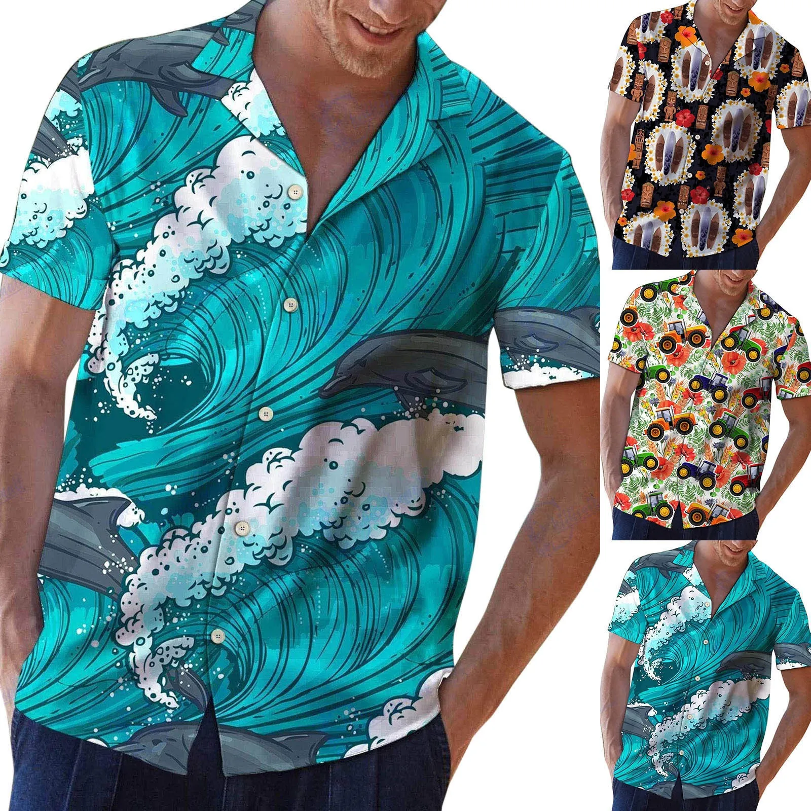 

Men's Spring Summer Top Shirt Hawaii Printed Turndown Collar Top Casual Loose Short-Sleeved Casual Mens Long Sleeve Yellow Top