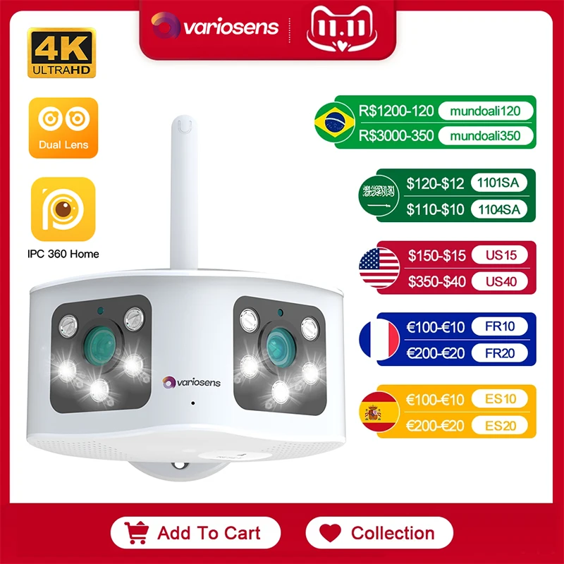 Купить Наружная камера видеонаблюдения с двумя объективами 4K, Wi-Fi, 5 Мп, 6 МП, 180 °, ультраширокоугольная камера видеонаблюдения с датчиком движения, ...