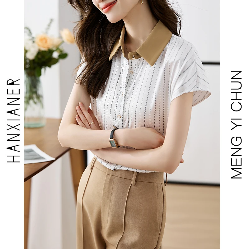 

2023 New Chiffon Summer Women's Blouse Casual Fashion Simplicity Tops Stripe short Sleeve Lapel Collar Shirt