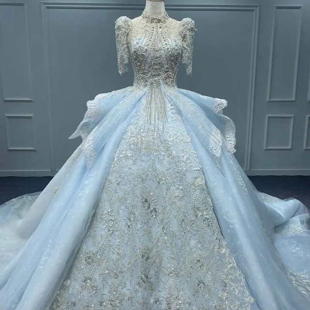 Luxury Wedding Suits For Women Boho Blue Wedding Dresses Crystal Beading Lace Appliques A-Line High Neck MN168 Bridal Gown 3