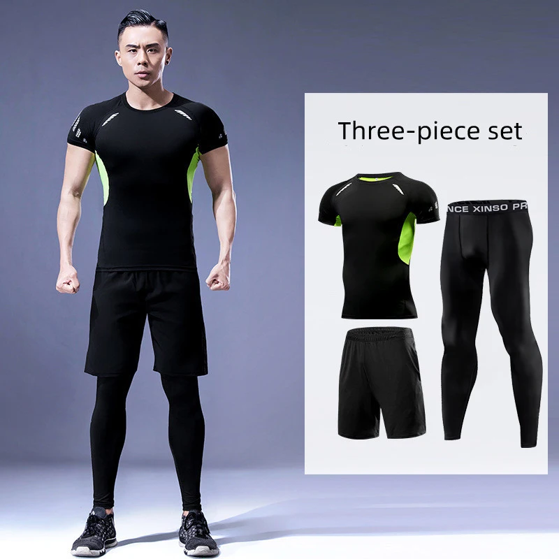 

Sports Fitness Suit For Men Quick Dry Clothes Tight Training Set Gym Basketball Running T-Shirt Trousers Summer Three Pieces Set