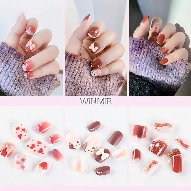 

WINMIR Накладные ногти с короткими носками, стразы, блестящий бант, слюда, градиент, смешанный цвет, нашивка для ногтей, съемная, сделай сам, ман...