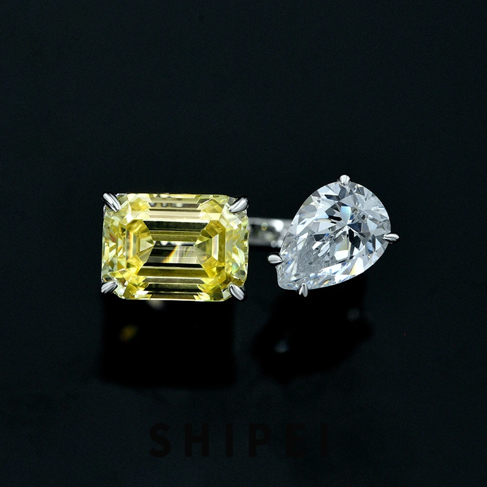 

SHIPEI Solid 925 Sterling Silver Pear/Emerald Cut Citrine White Sapphire Gemstone Open Ring For Women Fine Jewelry Drop Shipping