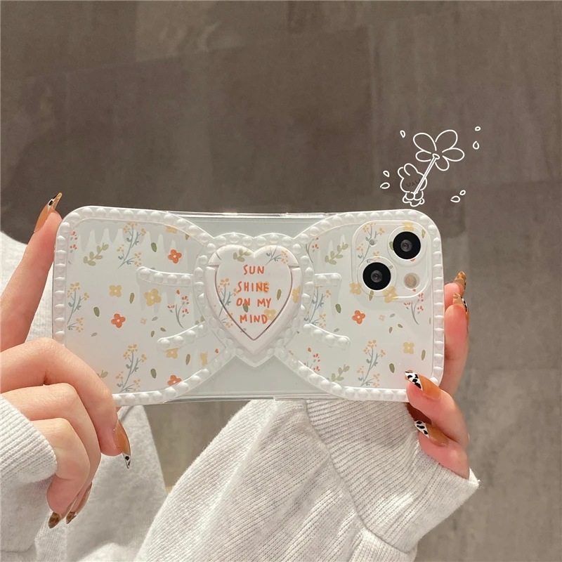 

Korean Style Small Floral Bow Bracket for Iphone12 11promax Xr Xsmax 13 8P 11 11P 13PM X New Silicone Anti-fall Protective Cover