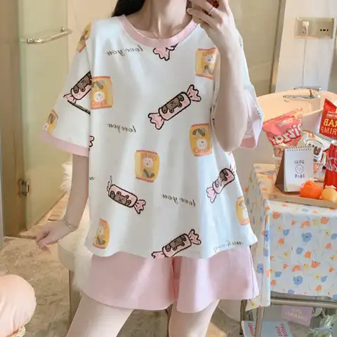 Kawaii мультяшный принт с коротким рукавом комплект шорт Корейская версия Милая Домашняя одежда женская летняя футболка