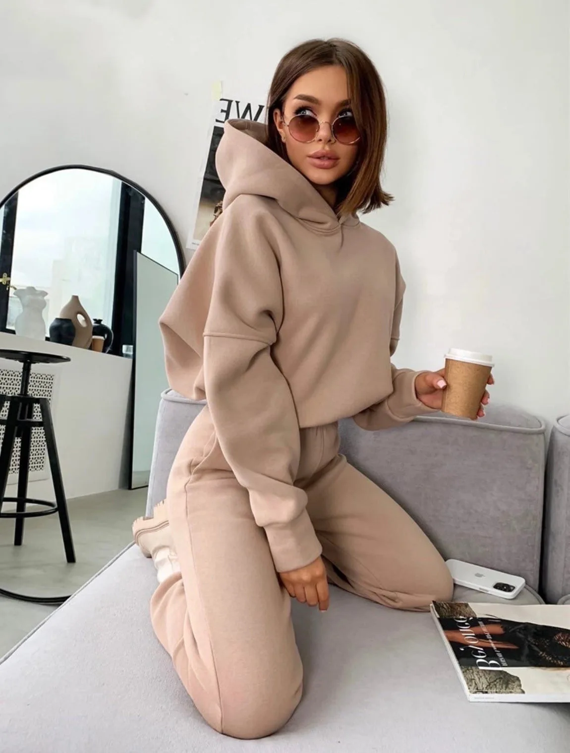 

Women Hoodie Pants Set Brushed Fall/Winter Solid Color Sportswear Casual Jogging Pants Pullover Two Piece Set