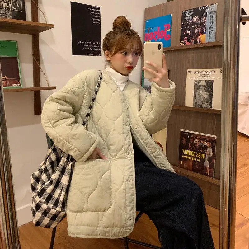 Clothes Korean Cotton-padded Jacket Women Winter O-neck Thicken Down Coat Female Loose Diamond Solid Casual Streetwear Parkas