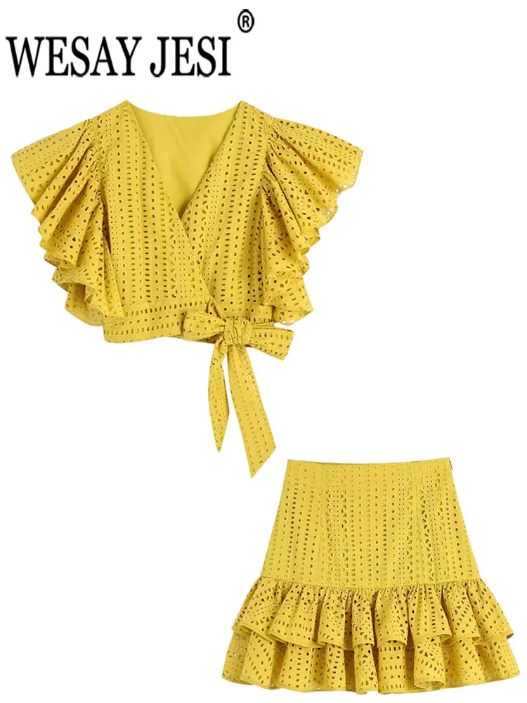 

Женский костюм с короткой юбкой WESAY JESI, топ с рукавами Feifei и бантом в пупок + юбка-трапеция, сексуальная одежда для девушек ярких цветов