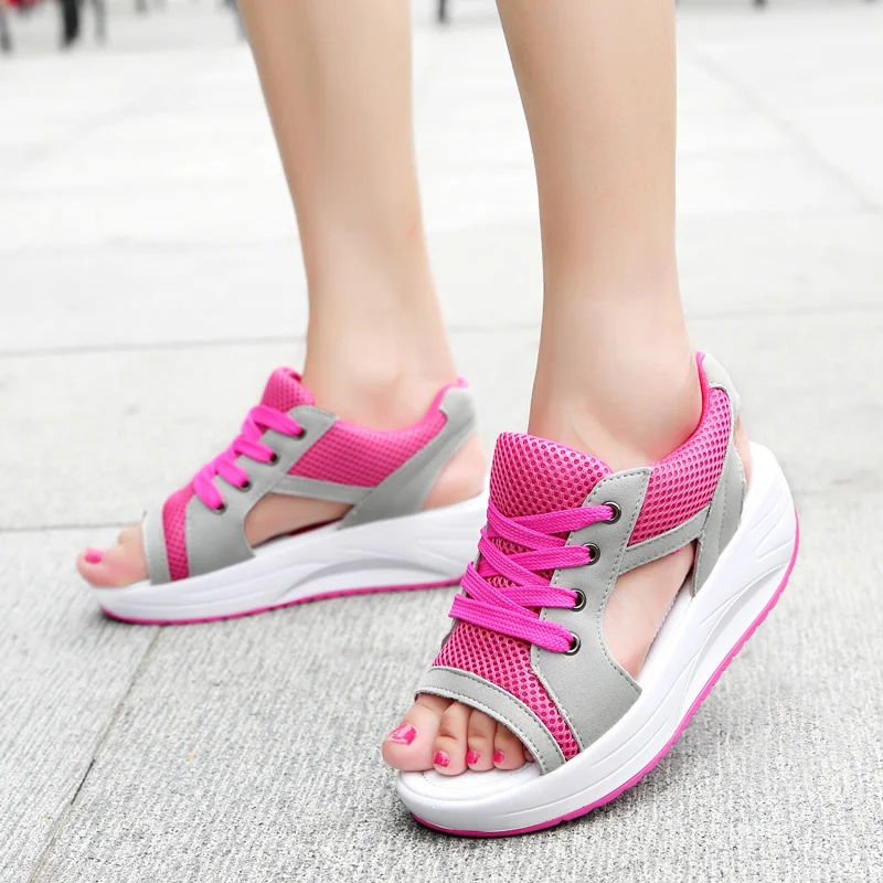 

Summer Women Sandales Fashion Shoes Casual Flat Peep Toe Contrast Paneled Cutout Lace-up Muffin Sandals Platform Sport Sandalias