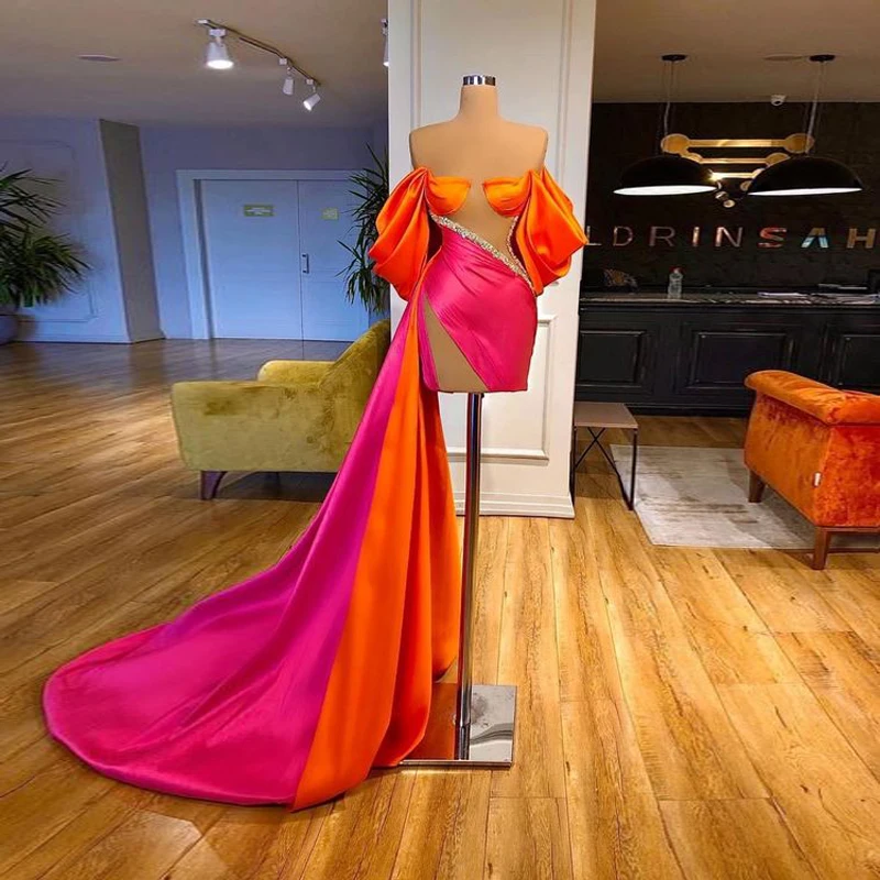 

Women's Homecoming Dresses Orange Fuchsia Off the Shoulder Strapless Floor Length Train Tailing Sexy Mini Dress Party Gowns 2022