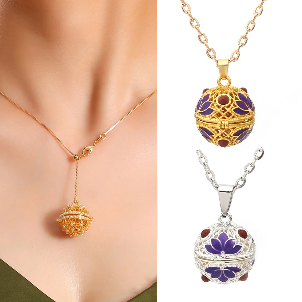 

Painted Purple Aromatherapy Pearl Cage Necklace Essential Oil Diffuser Locket Pendant Music Ball Simple Fashion Women Jewelry