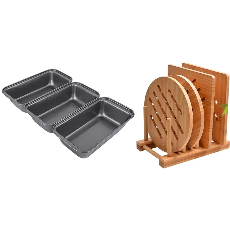 

HOT-3 Pieces Nonstick Carbon Steel Baking Bread Pan With Trivet Kitchen Bamboo Hot Pads Trivet Natural Bamboo Trivet Mat Set