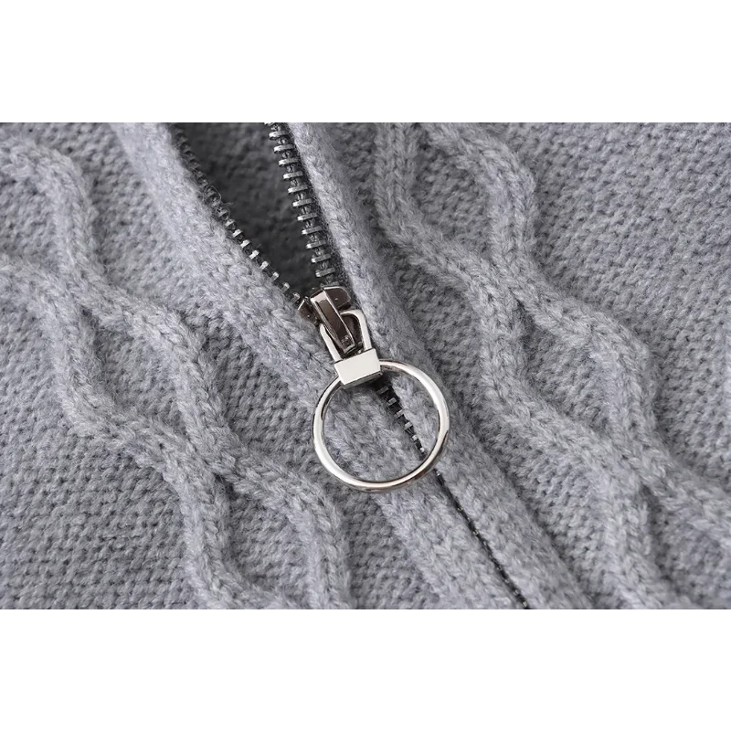 Женский Повседневный мягкий ромбовидный вязаный кардиган костюм с юбкой серый