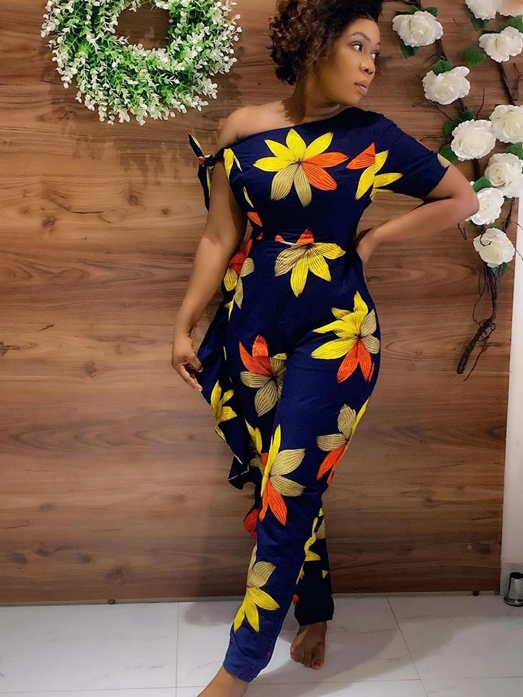

Women Jumpsuits Cold Shoulder Floral Printed High Waist Slim Fit Overalls For Ladies Evening Cocktail Party One Piece Outfit 4XL