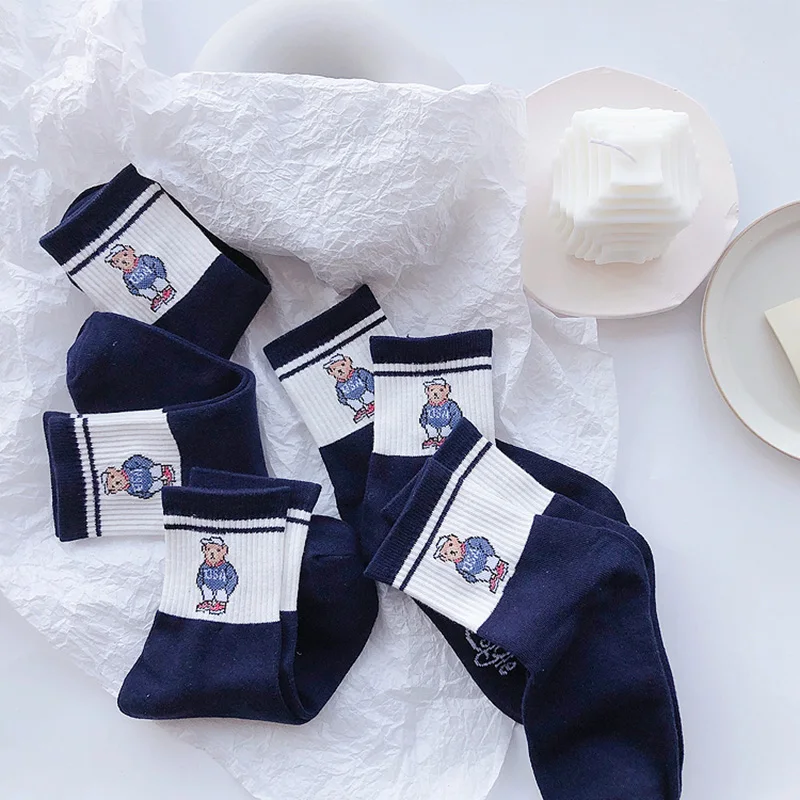 5 Pairs Embroidery Blue Men's Socks Bear Female Spring And Autumn Harajuku Cartoon Gentleman Breathable Business Christmas Gift