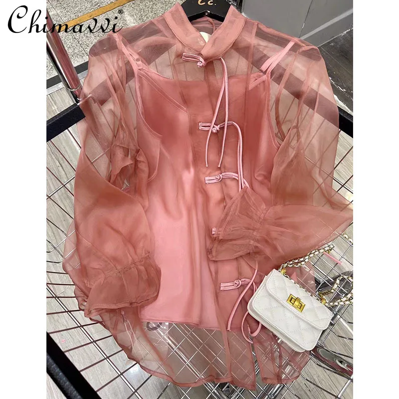 

European Stand Collar Buckle Vintage Organza Long Sleeve Shirt Sling Two-Piece Women 2022 Autumn New Style Pink Elegant Blouse