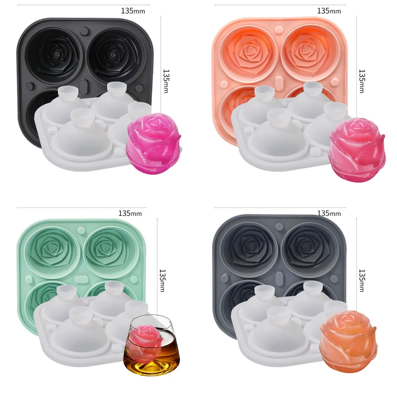 

Silicone Molds for Ice Cube with Lid 4 Holes Rose Flower Shape Reusable Ice Cube Tray Kitchen Accessories Ice Cream Tool Molud