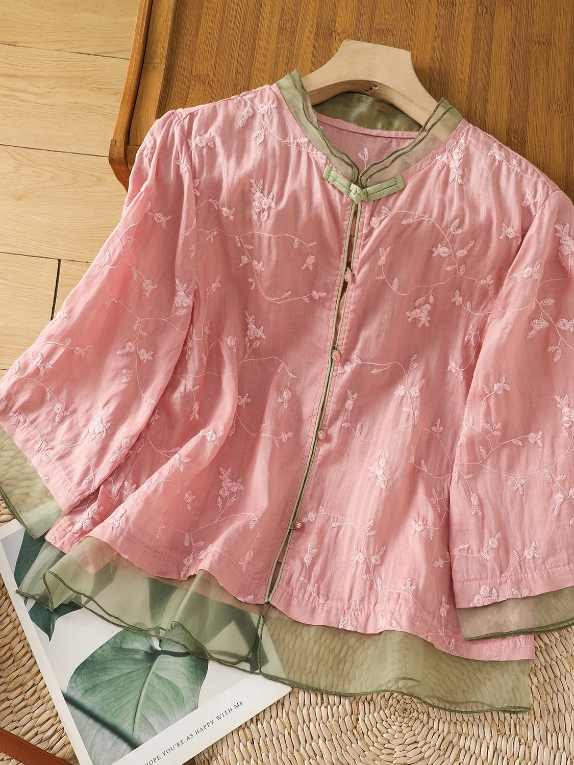 Рубашка женская с вышивкой из хлопка и льна Элегантная сорочка органзы рукавом