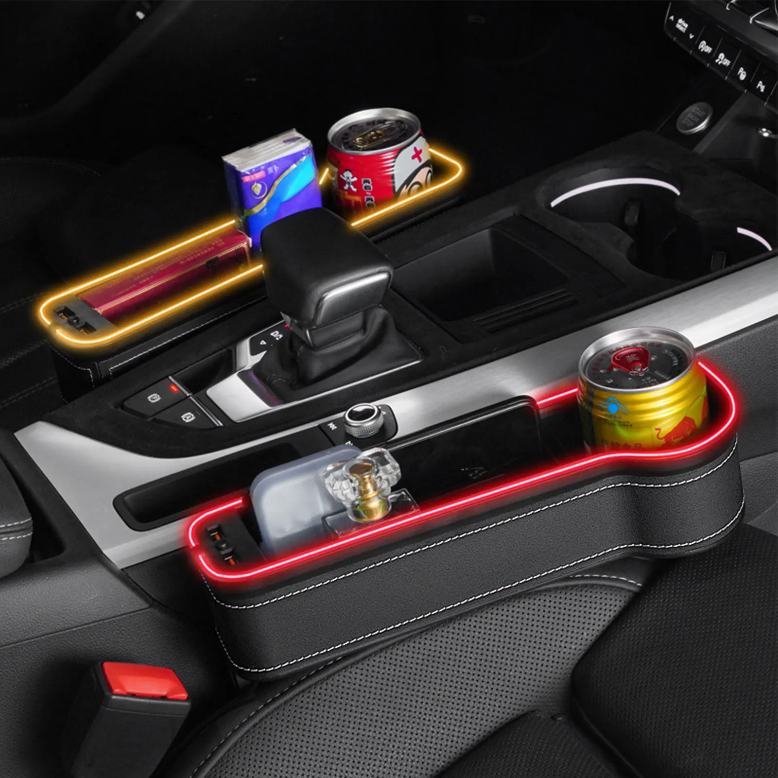 

Front Seat Organizers LED Car Seat Organizer Car gap storage box with Dual USB Charging Ports For Wallet Phone Coins Keys Cards