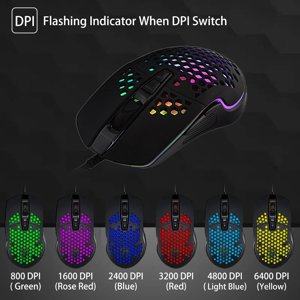 Игровая мышь RGB 6400DPI оптическая с сотовым покрытием 7 кнопок эргономичная