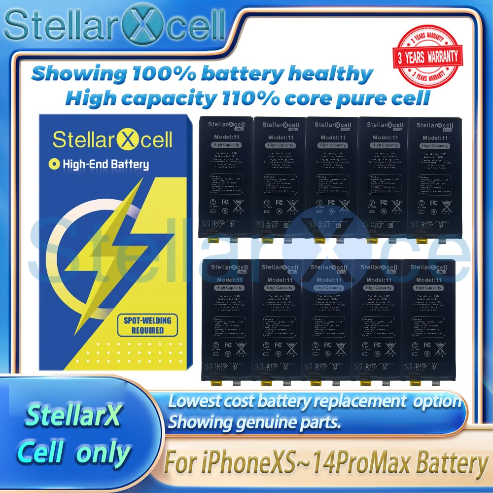 10 шт. Аккумулятор StellarXcell без гибкой высокой емкости для iPhone чистый кобальт XS 14Pro Max