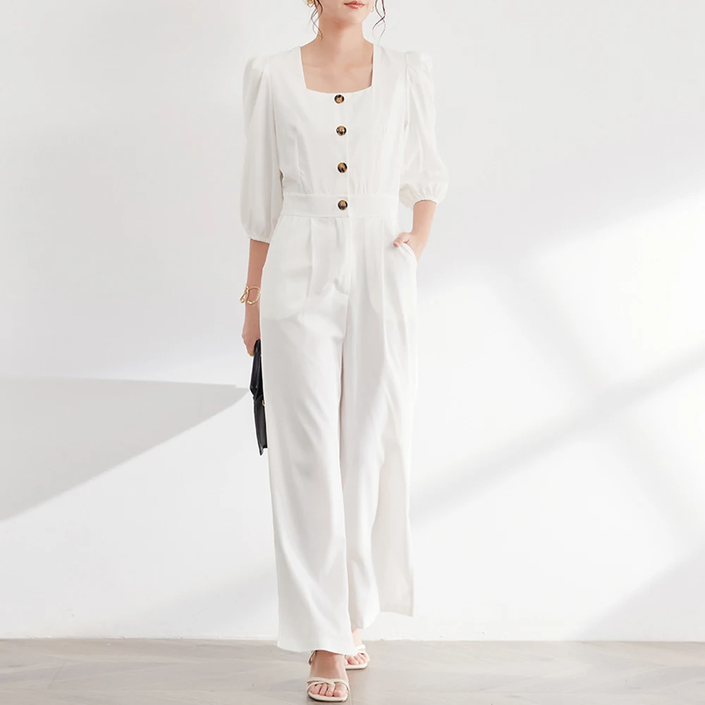 

Women Straight Jumpsuit White Button Pocket Split Full Length OL Commute Romper Fashion Elegant Party Office Lady Street Beat