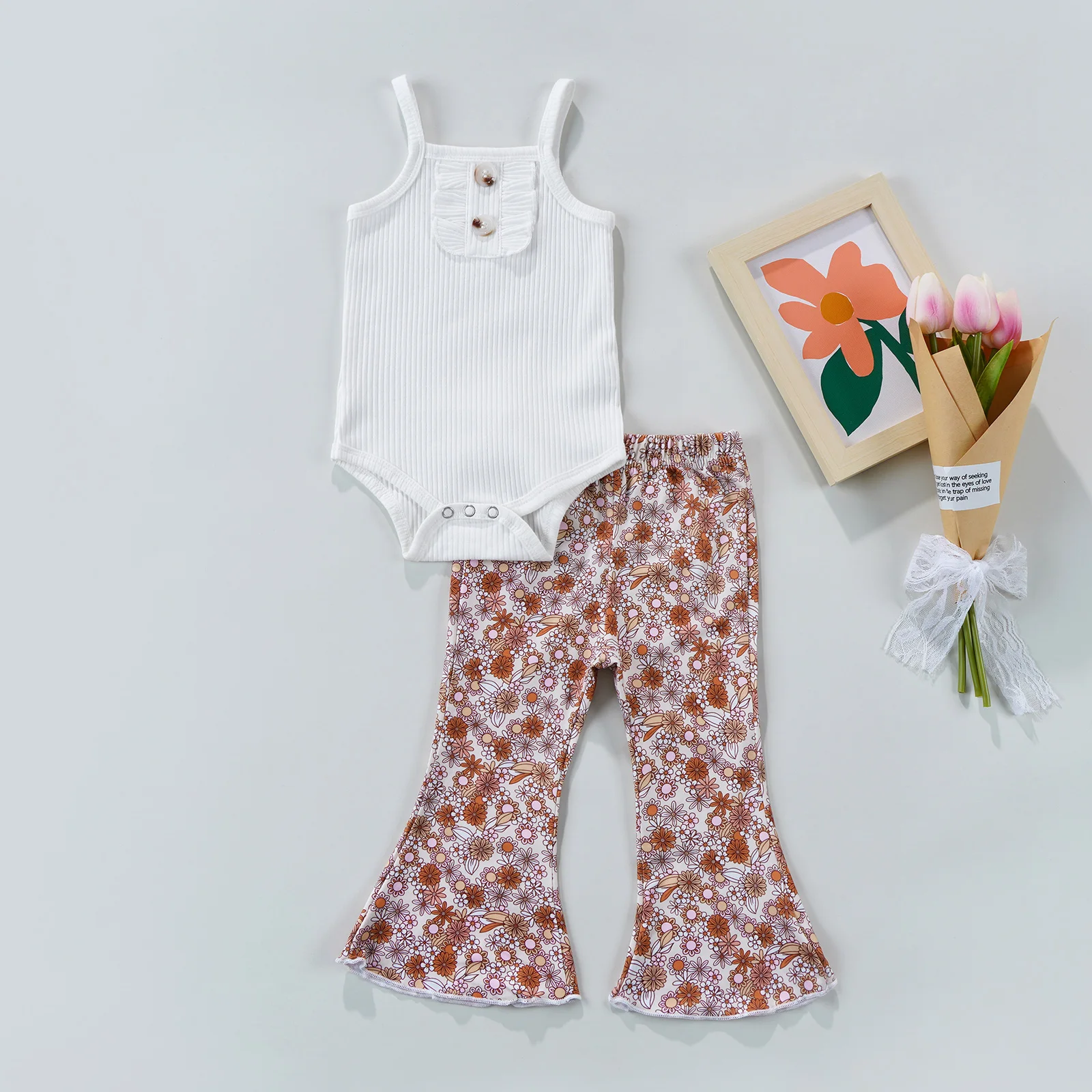 

Newborn Infant Baby Girls Clothes Set Summer Knitted Sleeve Rompers Floral Print Flare Pants Outfits Costumes D35