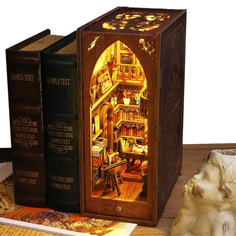 

Book Kit 3D Wooden Puzzle Bookshelf Insert Decorative Bookend Stand With LED Light DIY BookModel Kits For Teens Women Men