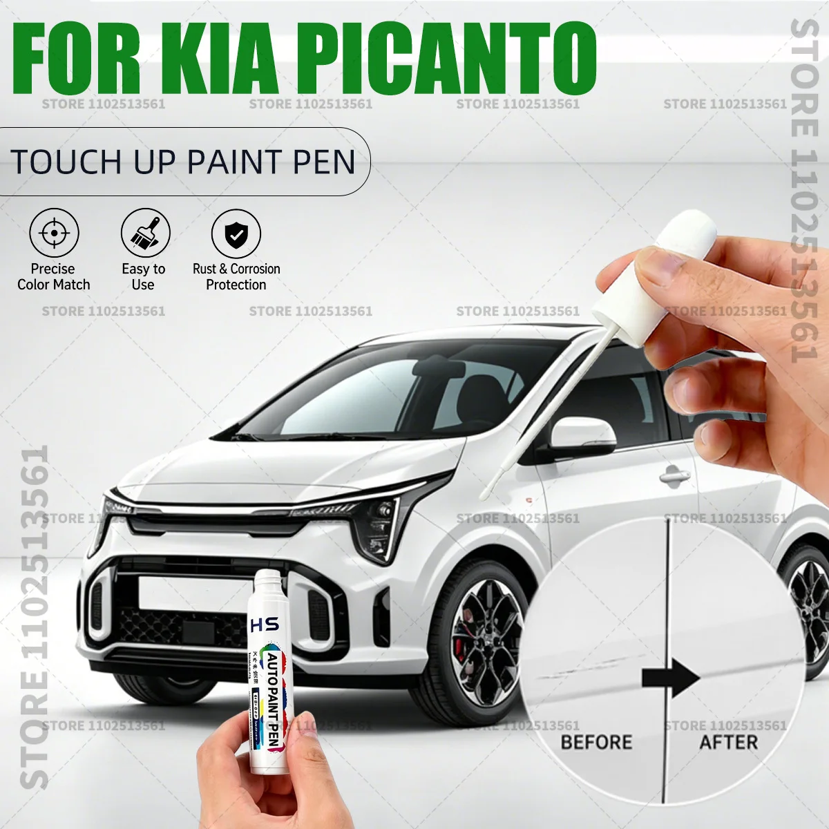 Фото Ремонтный карандаш для автомобильной краски KIA PICANTO (дымчато-синий, прозрачно-белый, астро-серый, черный, красный) – восстанавливает оригинальное заводское покрытие №1