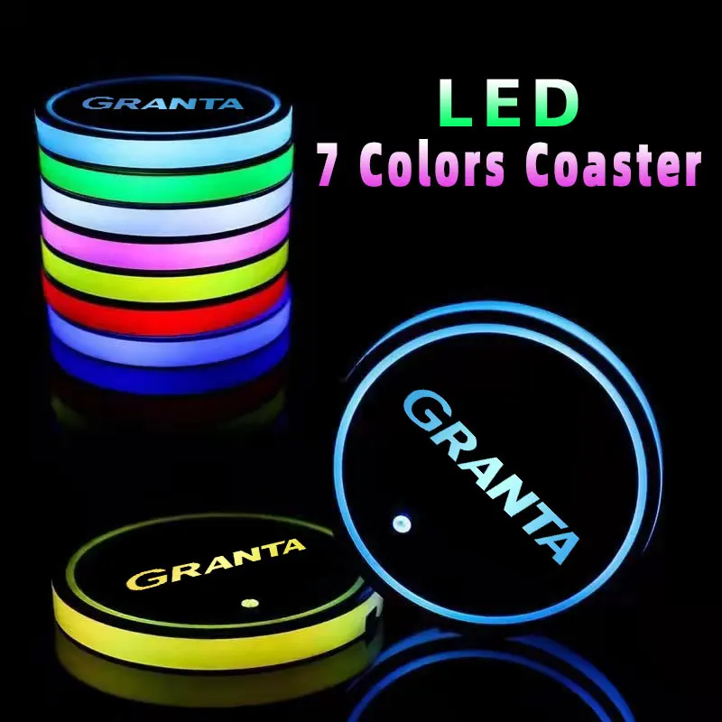 

2Pcs/Set Luminous Car Water Cup Coaster Holder 7 Colorful USB Charging Car Led Atmosphere Light For Lada Granta Logo Accessories