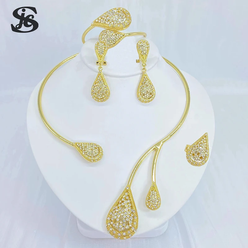 

Dubai Newest Gold Plated Jewelry Sets For Women Necklace Colored Rhinestones Earrings Big Bracelet Wedding Banquet Party Gift