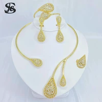 dubai newest gold plated jewelry sets for women necklace colored rhinestones earrings big bracelet wedding banquet party gift