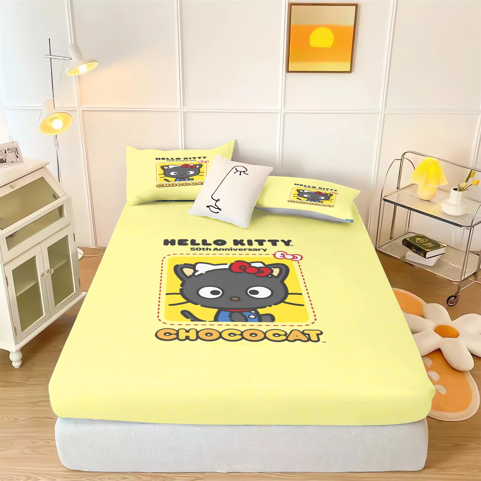 Фото MINISO простыня с рисунком кота CHOCOCAT, детская простыня, покрытие, эластичное постельное белье с цифровой печатью для подростков №1