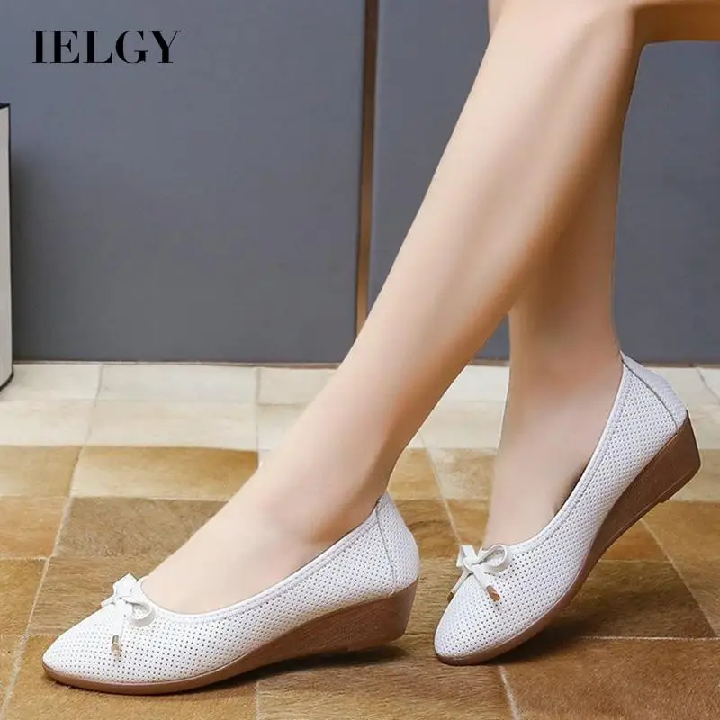 

IELGY Simple Wedge Heel Flat Women's Shoes Hollow Bow Knot Shallow Mouth