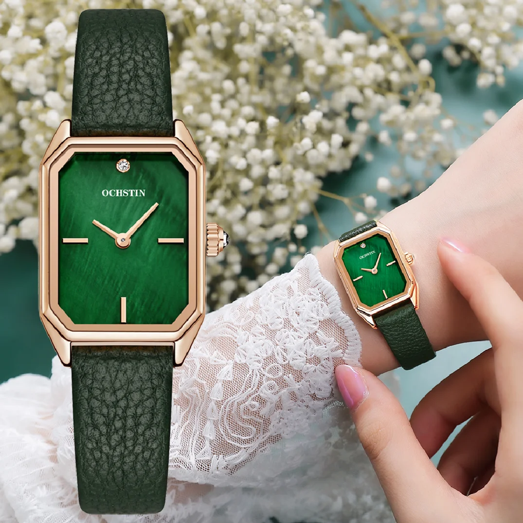 

OCHSTIN Women Green Square Watch Quartz Stainless Steel Leather Band Watches 3ATM Waterproof Casual Fashion Ladies Wristwatches