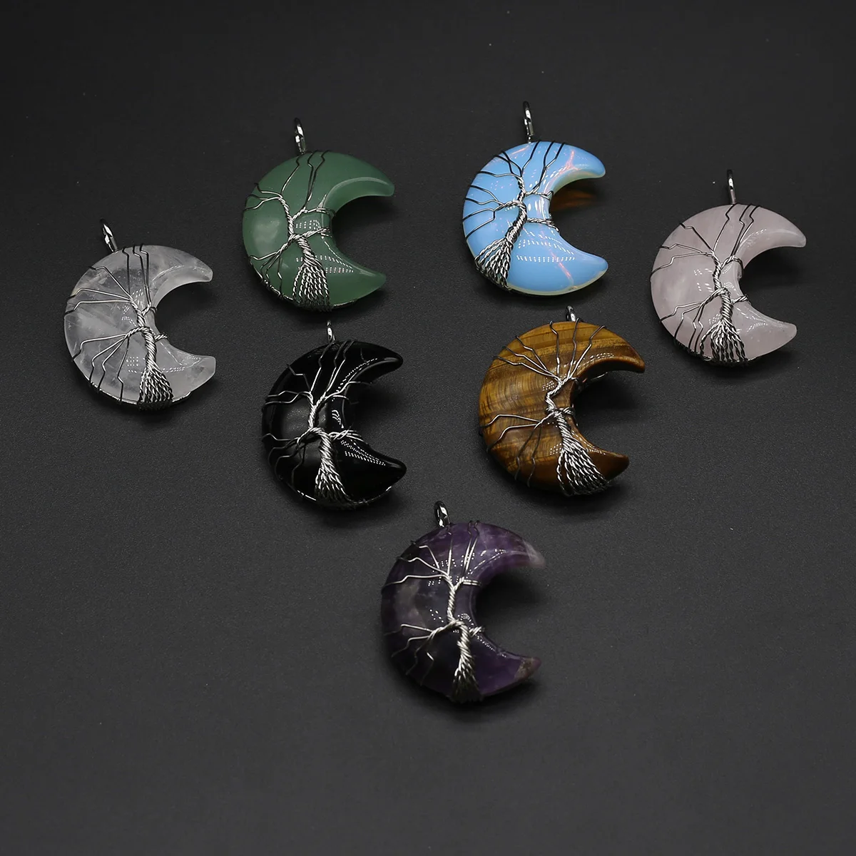 

Natural Stone Silver Moon Shape Pendant Necklace Rose Quartz Green Aventurine Jewelry for Making DIY Necklace Accessories Gifts