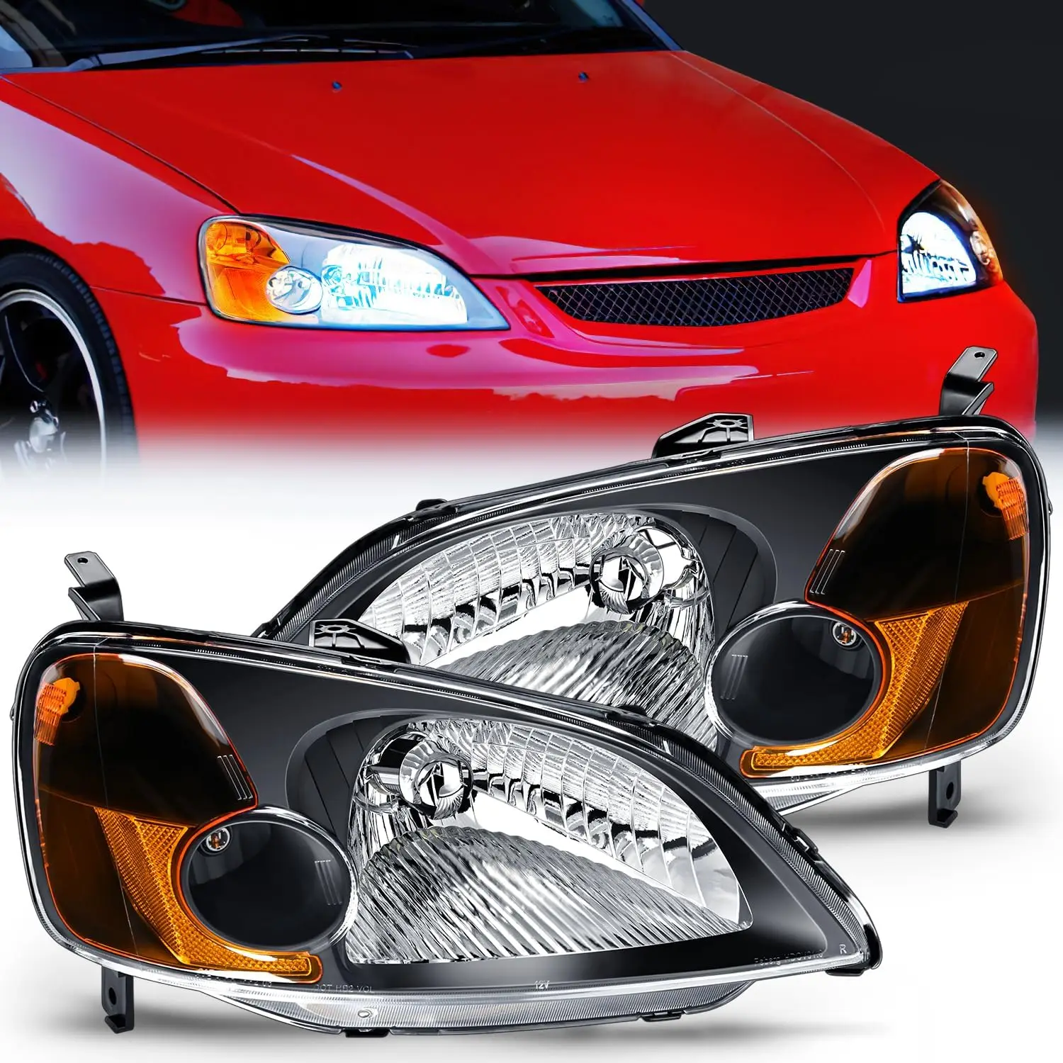 

Фара в сборе совместимая с 2001 2002 2003 Honda Civic фары сменный черный корпус Янтарный отражатель Модернизированный прозрачный