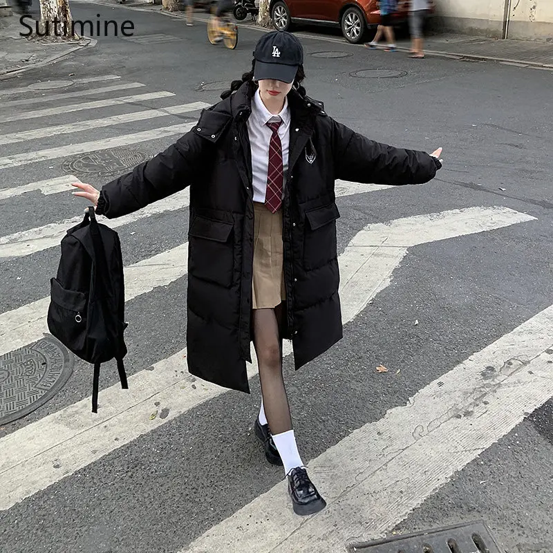 Winter Clothes Women Button Office Lady Women Cotton Coat Hooded Over Knee Down Cotton Coat Loose Pockets Winter Coat Women
