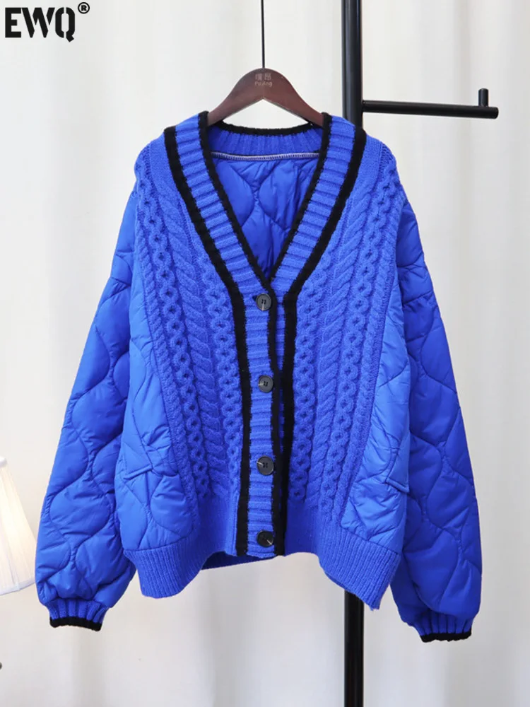 

Женское однобортное пальто с хлопковой подкладкой [EWQ], синее утепленное трикотажное пальто с длинным рукавом, с хлопковой подкладкой в стиле пэчворк, весна 2023