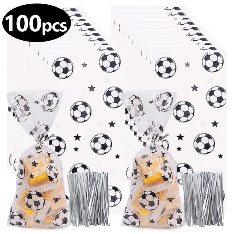 

100Pcs Soccer Gift Bags Treat Candy Bags Cookie Bag for Kids Birthday Football Theme Party Favors Packaging Bag with Twist Ties