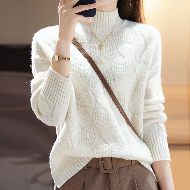 Cashmere Sweater Ladies Half Turtleneck Pullover Solid Color Autumn And Winter New 100% Pure Wool Fashion Loose Sweater Top