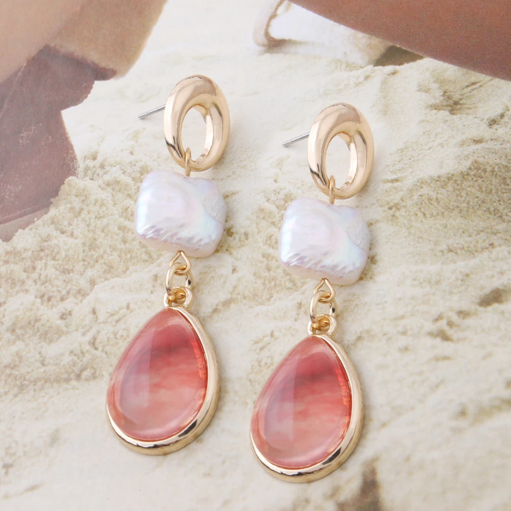 

NeeFuWoFu Square Freshwater Pearl Earrings For Woman Pink Crystal Stone Drop Hanging Brinco Geometry Party Charm Jewelry