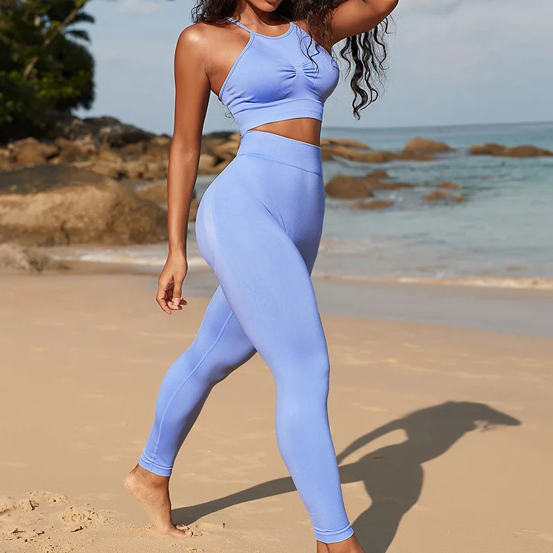 

Suspenders Scrunch Sport Bra Beauty Back Yoga Wear Gym Set Woman Outfit Suit for Fitness Workout Clothes for Women Overalls Blue